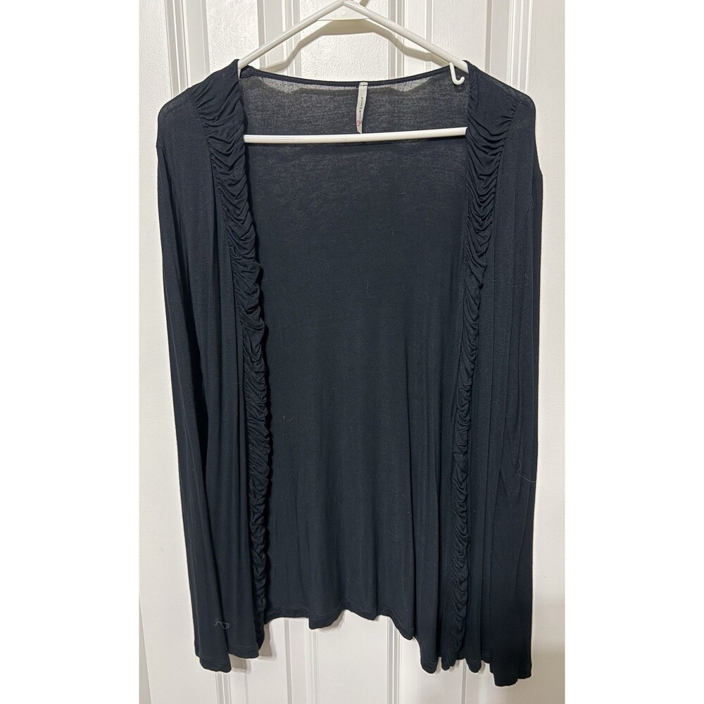 Vtg Olivia Moon Black Open Front Thin Cardigan Small Knit Ruched Trim Made USA